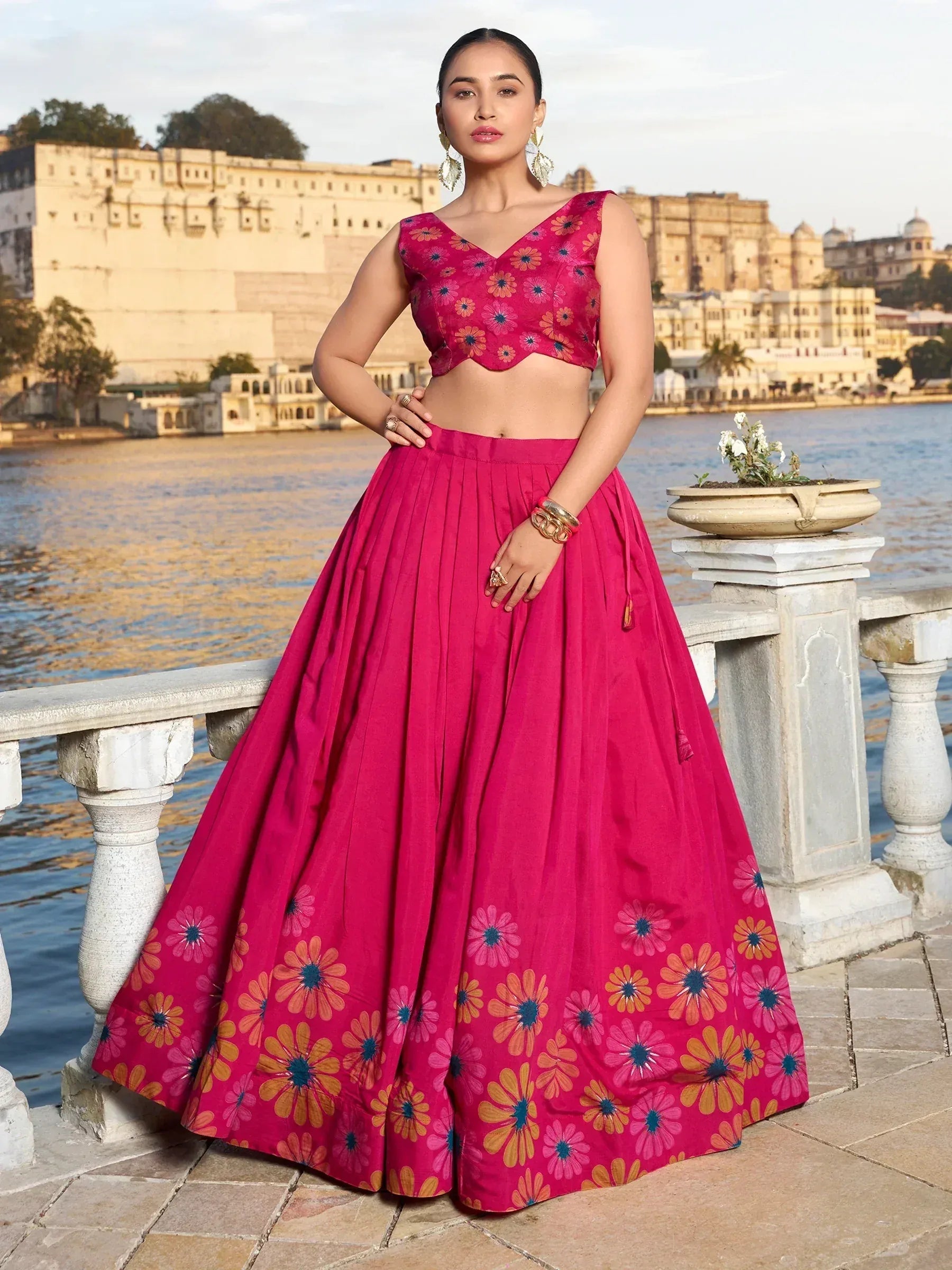 Pink floral lehenga choli with V-neck blouse, perfect for Indian ethnic wear and festive occasions