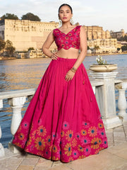 Glamorous Pink Floral Printed Tussar Silk Sangeet Wear Lehenga Choli - Ethnic Plus In