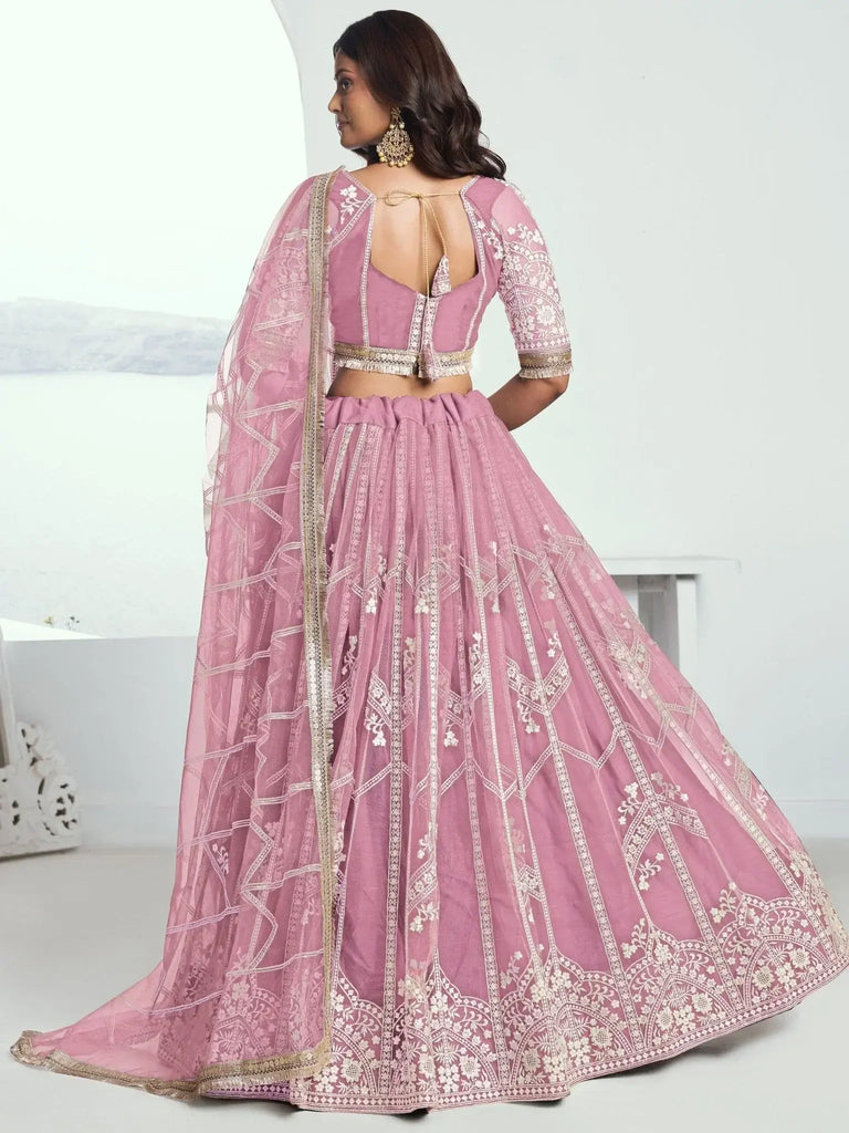 Glamorous Pink Thread Embroidered Work Net Wedding Lehenga Choli - Ethnic Plus In