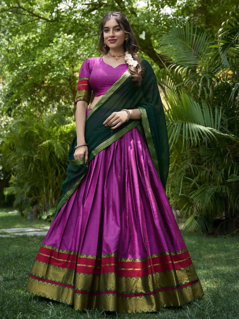 Glamorous Purple Cotton Traditional Wear Half Saree Lehenga - Ethnic Plus In
