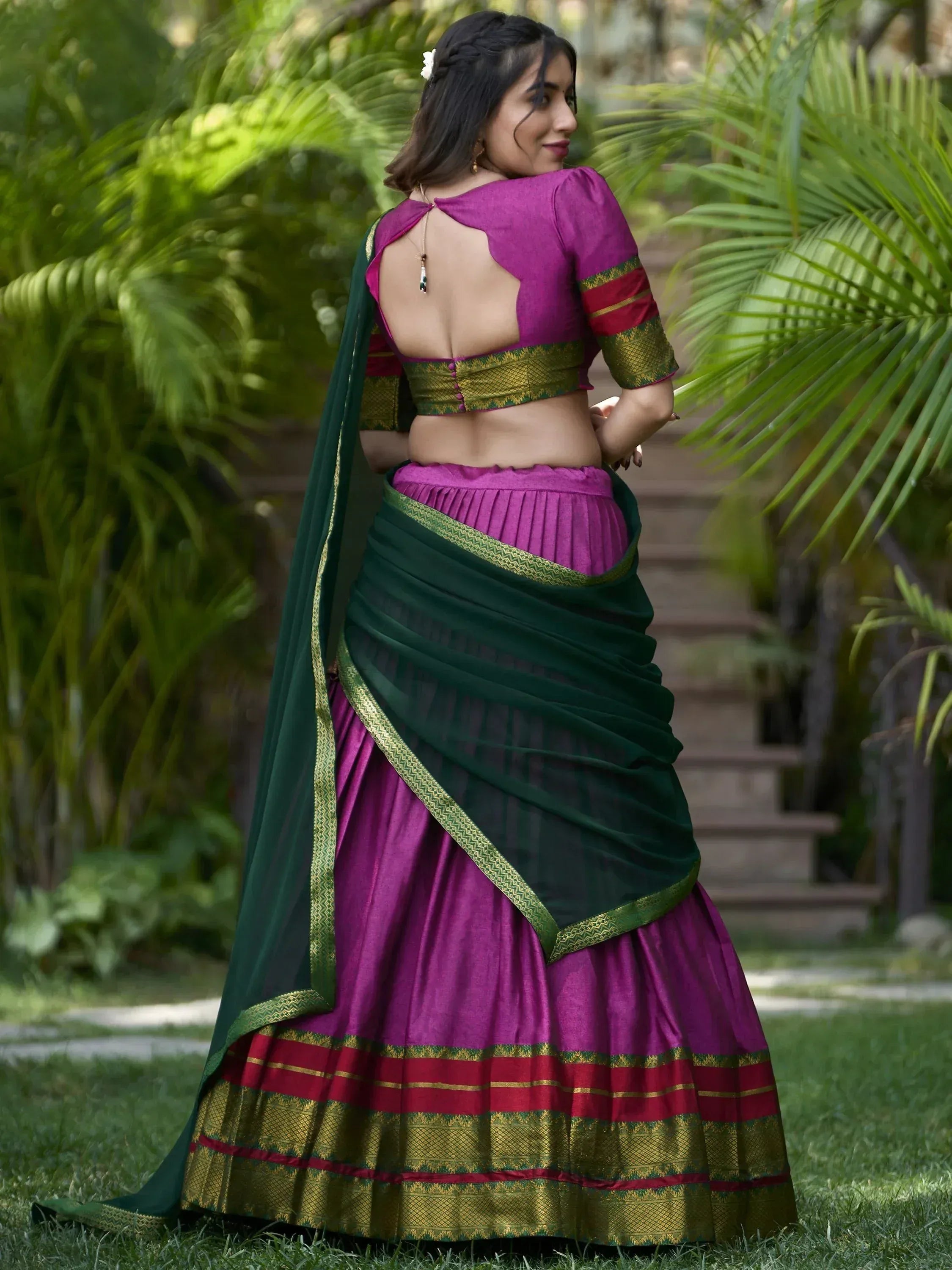 Purple and green designer lehenga choli with backless blouse, perfect for Indian ethnic wear occasions