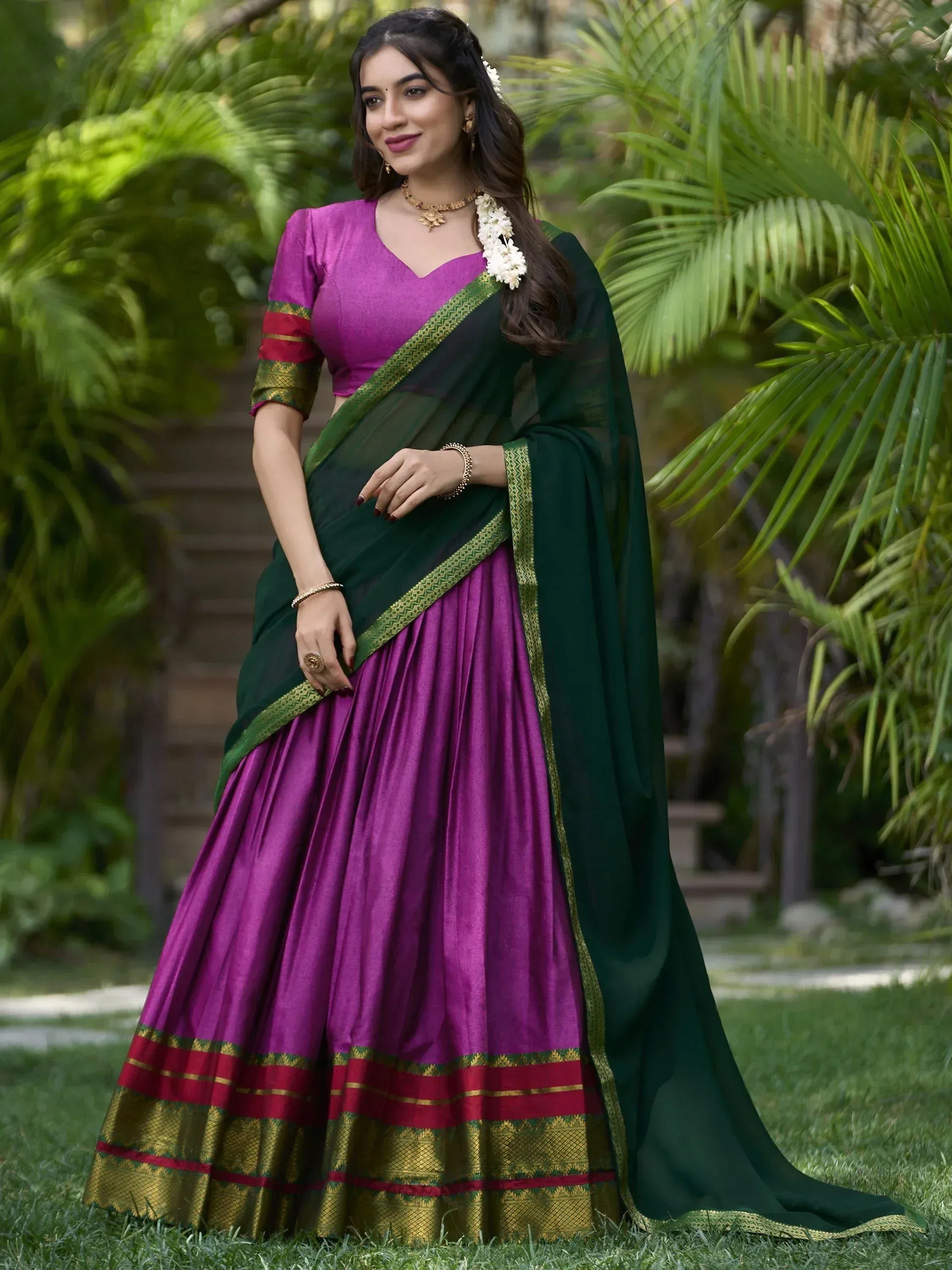 Purple and green designer lehenga choli with gold border, perfect for Indian ethnic wear occasions
