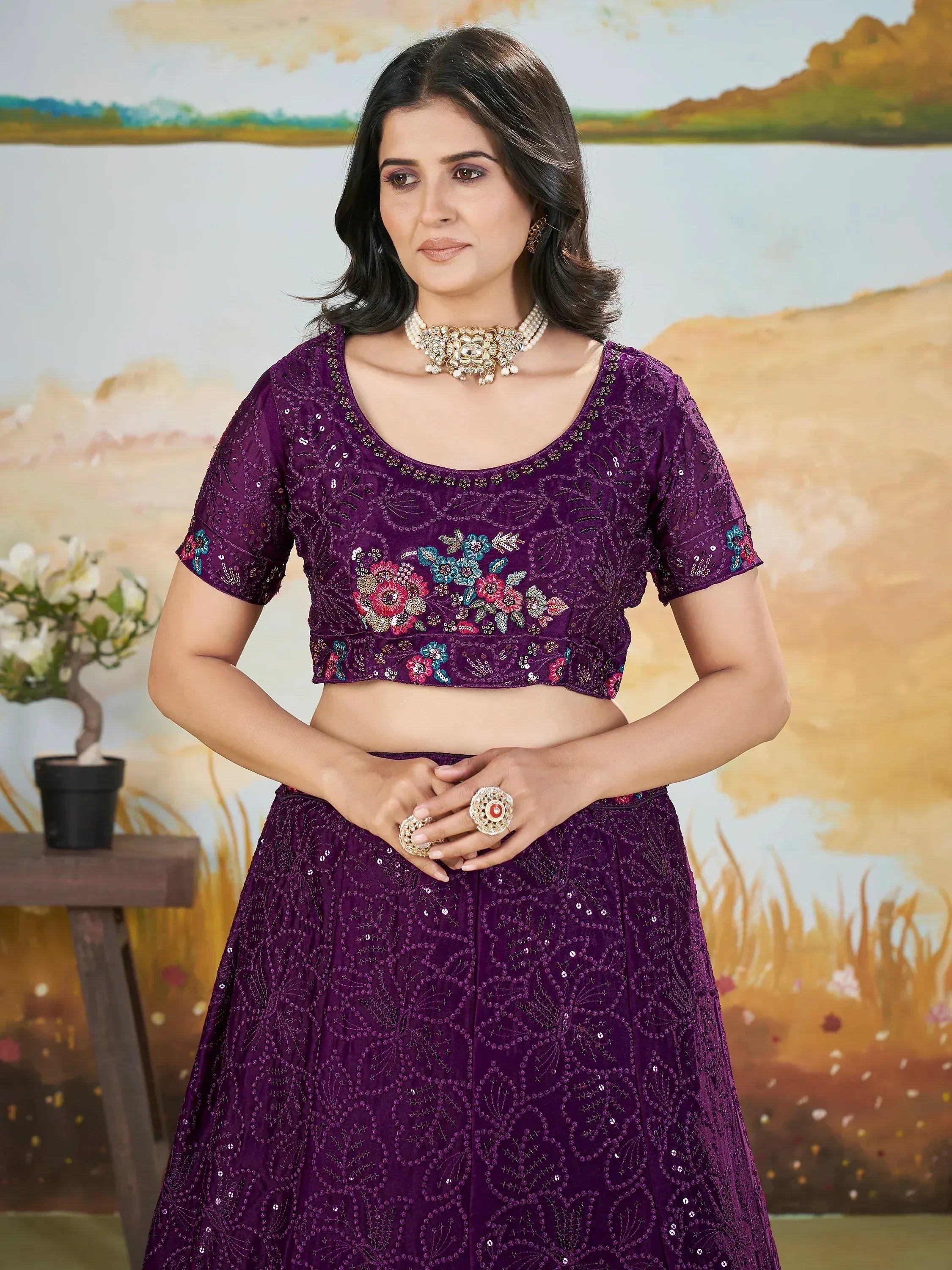 Purple embroidered lehenga choli with floral sequin work, perfect for Indian ethnic occasions