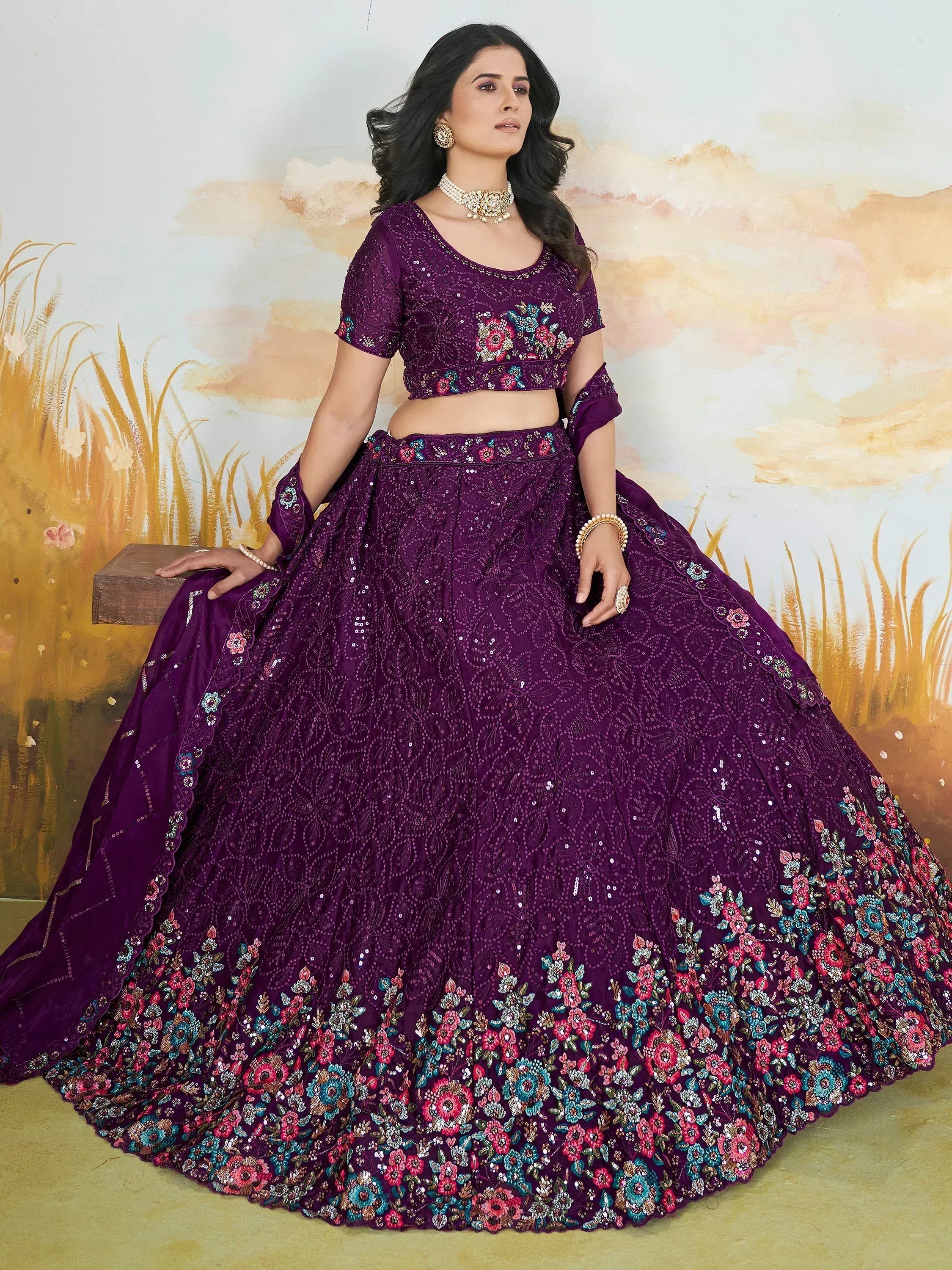 Purple embroidered lehenga choli with floral sequin work, perfect for Indian weddings and festive occasions