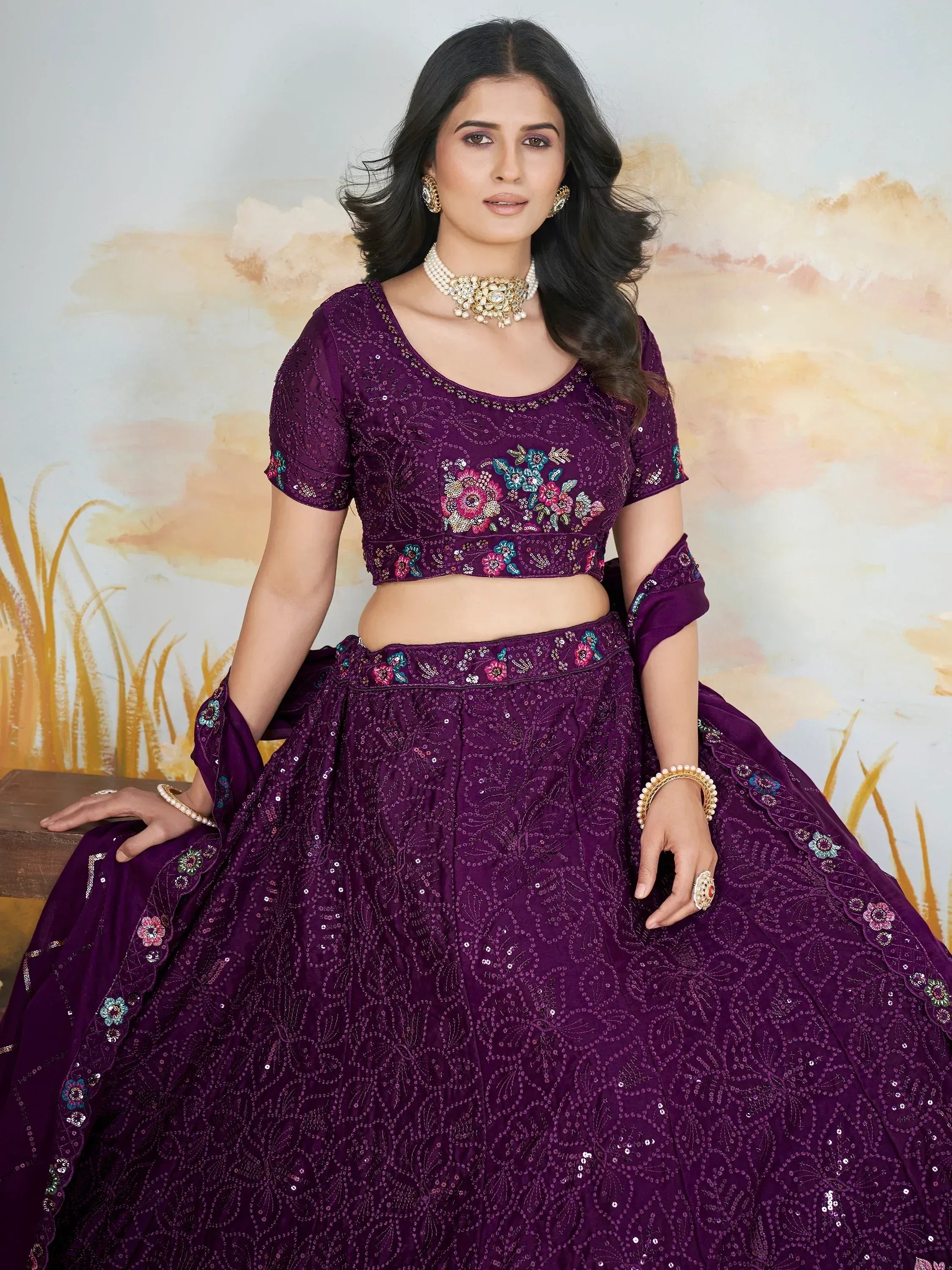Purple embroidered lehenga choli with floral sequin work, perfect for Indian ethnic occasions