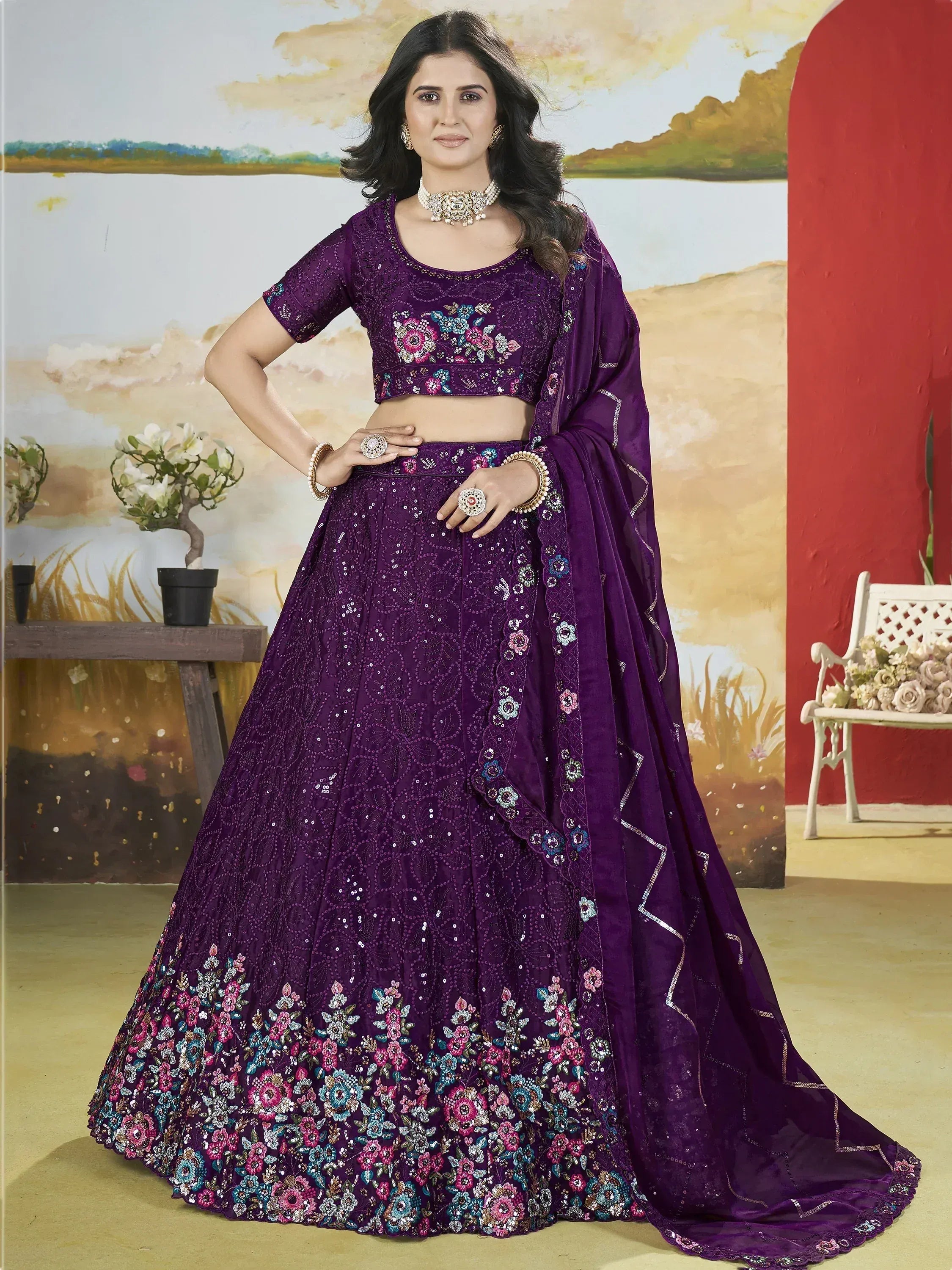 Purple embroidered lehenga choli with floral sequin work, perfect for Indian ethnic occasions