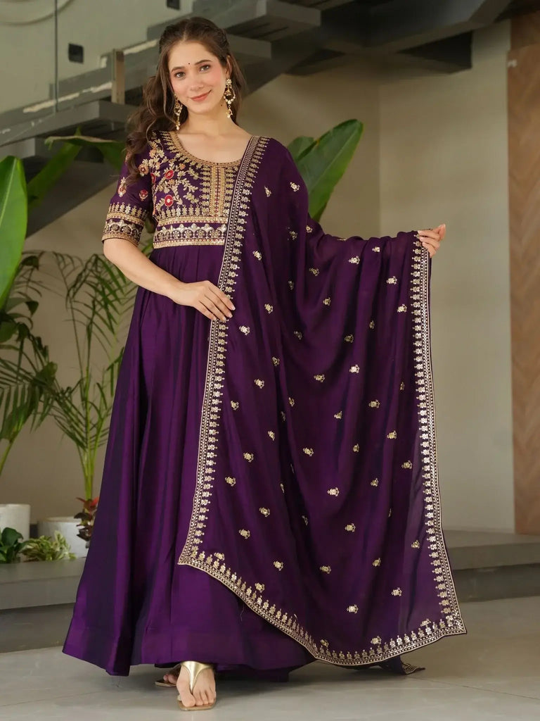 Glamorous Purple Sequins Embroidered Event Wear Gown With Dupatta - Ethnic Plus In