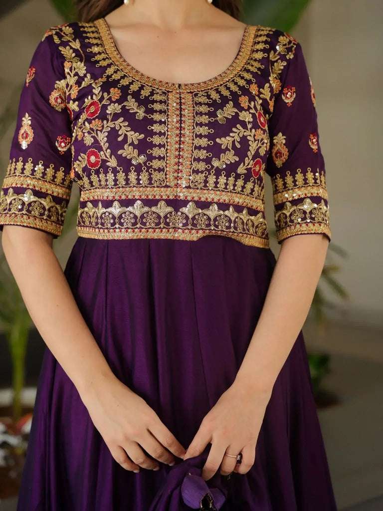 Glamorous Purple Sequins Embroidered Event Wear Gown With Dupatta - Ethnic Plus In