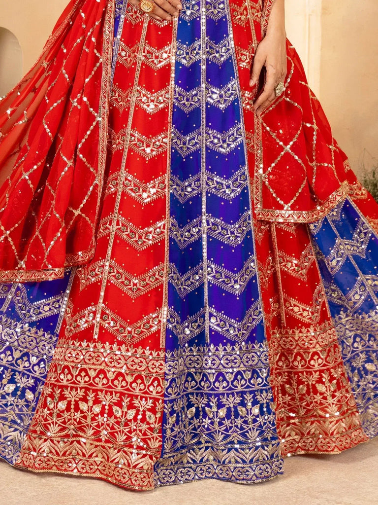 Glamorous Red & Blue Sequins Georgette Wedding Lehenga Choli - Ethnic Plus In