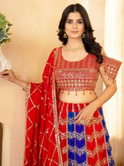 Glamorous Red & Blue Sequins Georgette Wedding Lehenga Choli - Ethnic Plus In