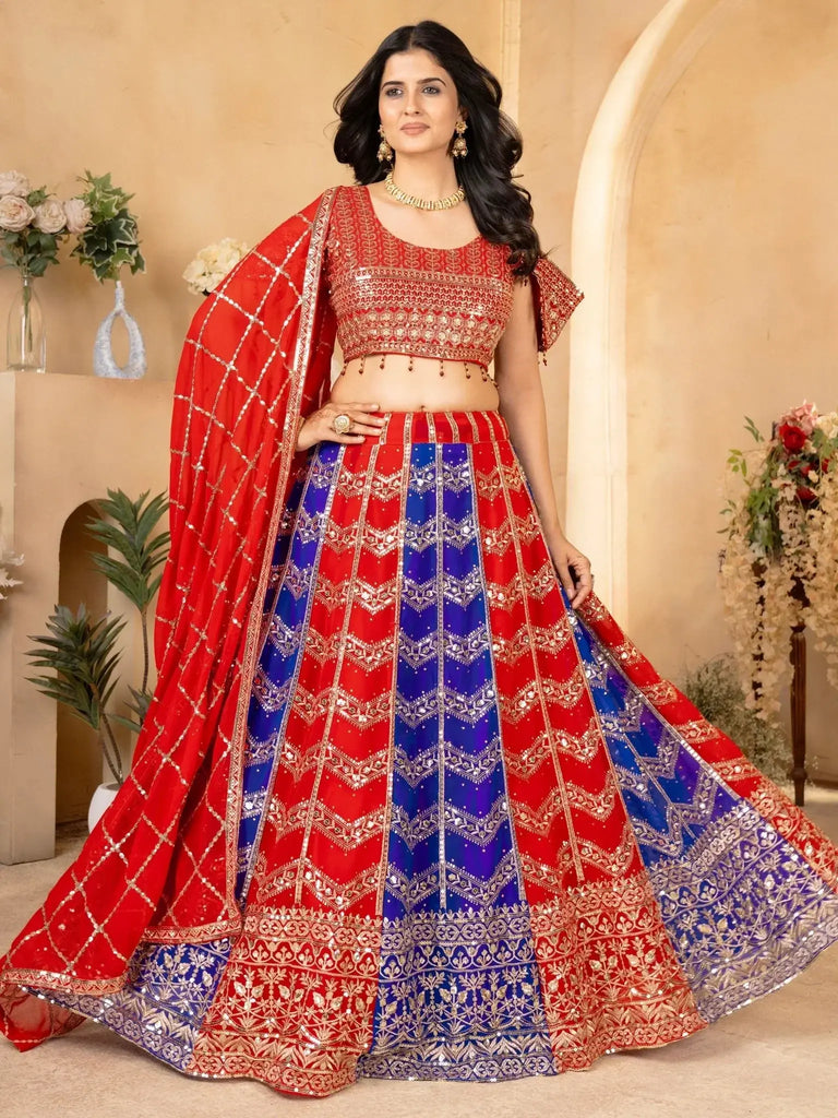 Glamorous Red & Blue Sequins Georgette Wedding Lehenga Choli - Ethnic Plus In