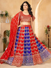 Glamorous Red & Blue Sequins Georgette Wedding Lehenga Choli - Ethnic Plus In
