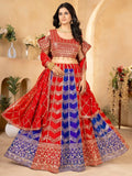 Glamorous Red & Blue Sequins Georgette Wedding Lehenga Choli - Ethnic Plus In