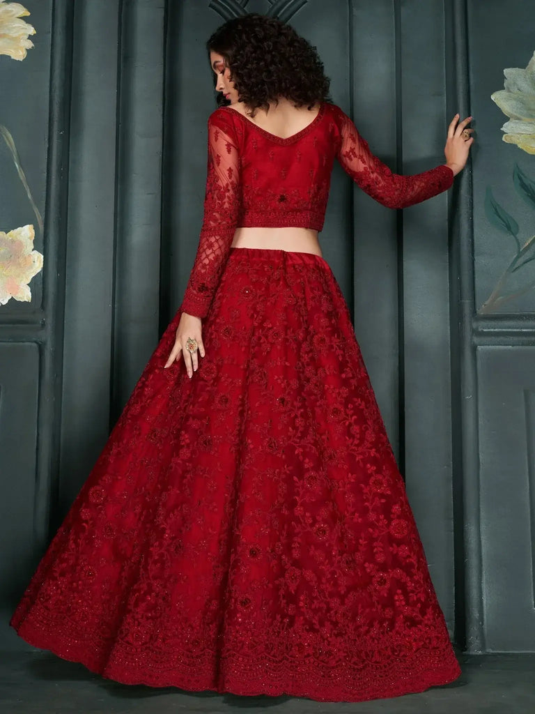 Glamorous Red Embroidered Net Bridesmaid Lehenga Choli With Dupatta - Ethnic Plus In