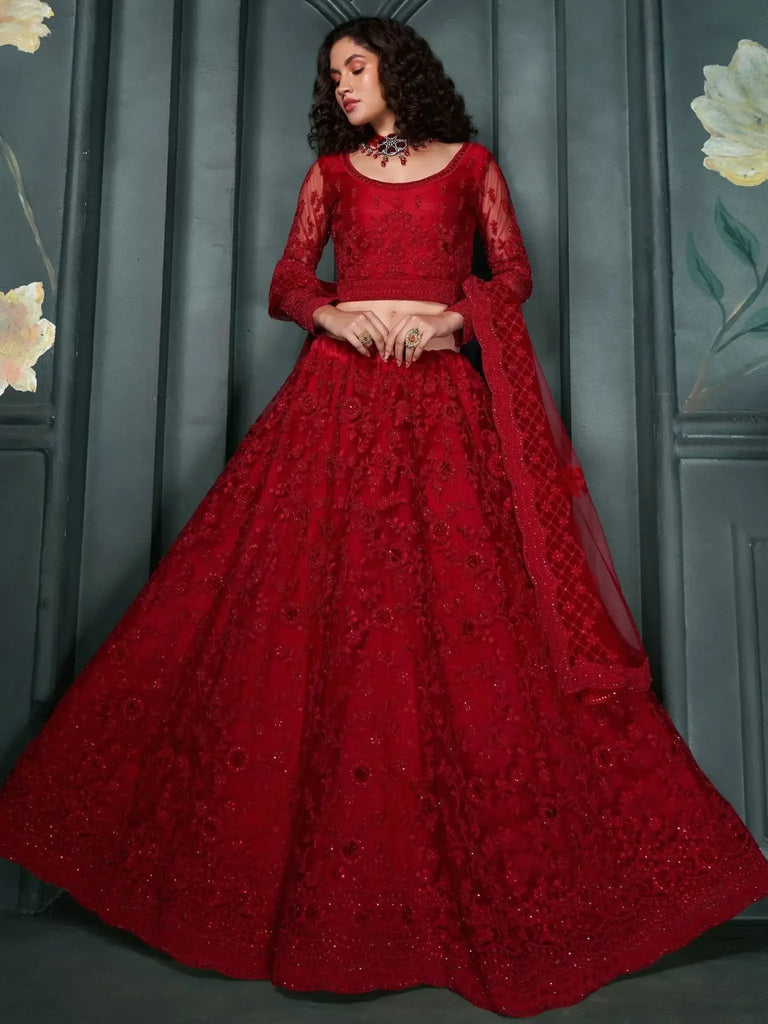 Glamorous Red Embroidered Net Bridesmaid Lehenga Choli With Dupatta - Ethnic Plus In