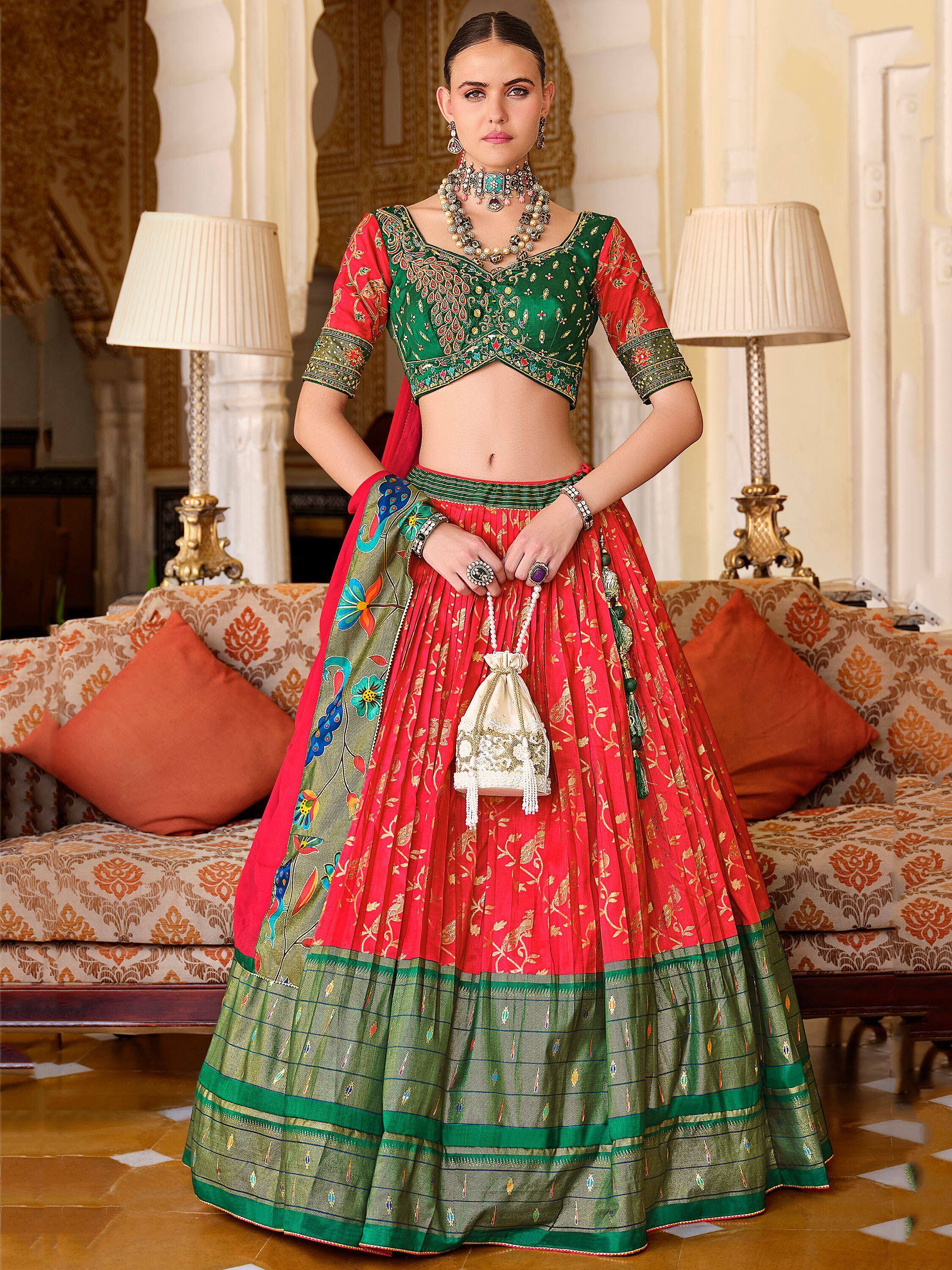Red and green designer lehenga choli with embroidery, perfect for Indian weddings and festivals