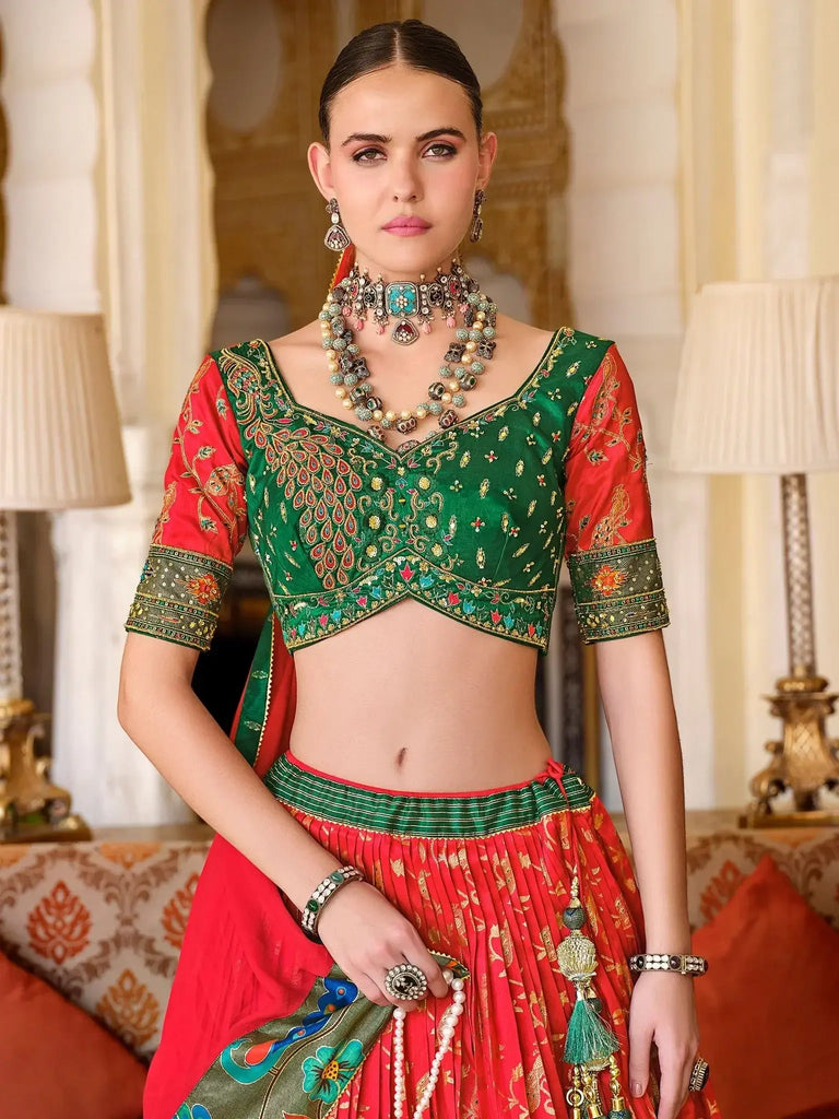 Glamorous Red Zari Weaving Silk Wedding Wear Lehenga Choli - Ethnic Plus In