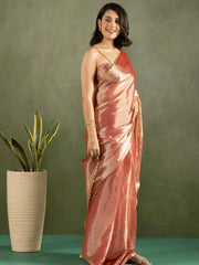 Glamorous Rose Gold Chiffon Party Wear Ready To Wear Saree - Ethnic Plus In