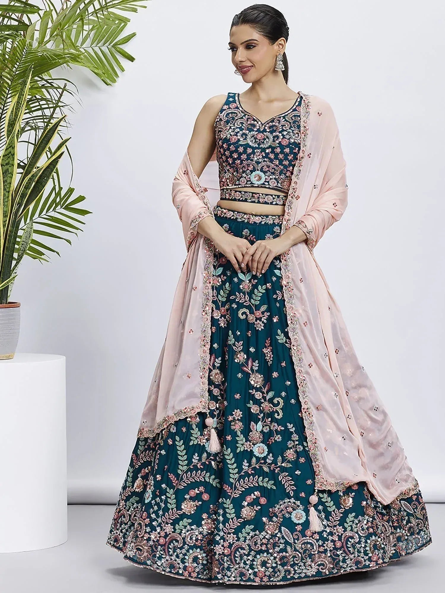 Teal floral embroidered lehenga choli with pink dupatta, Indian ethnic wear for weddings and parties