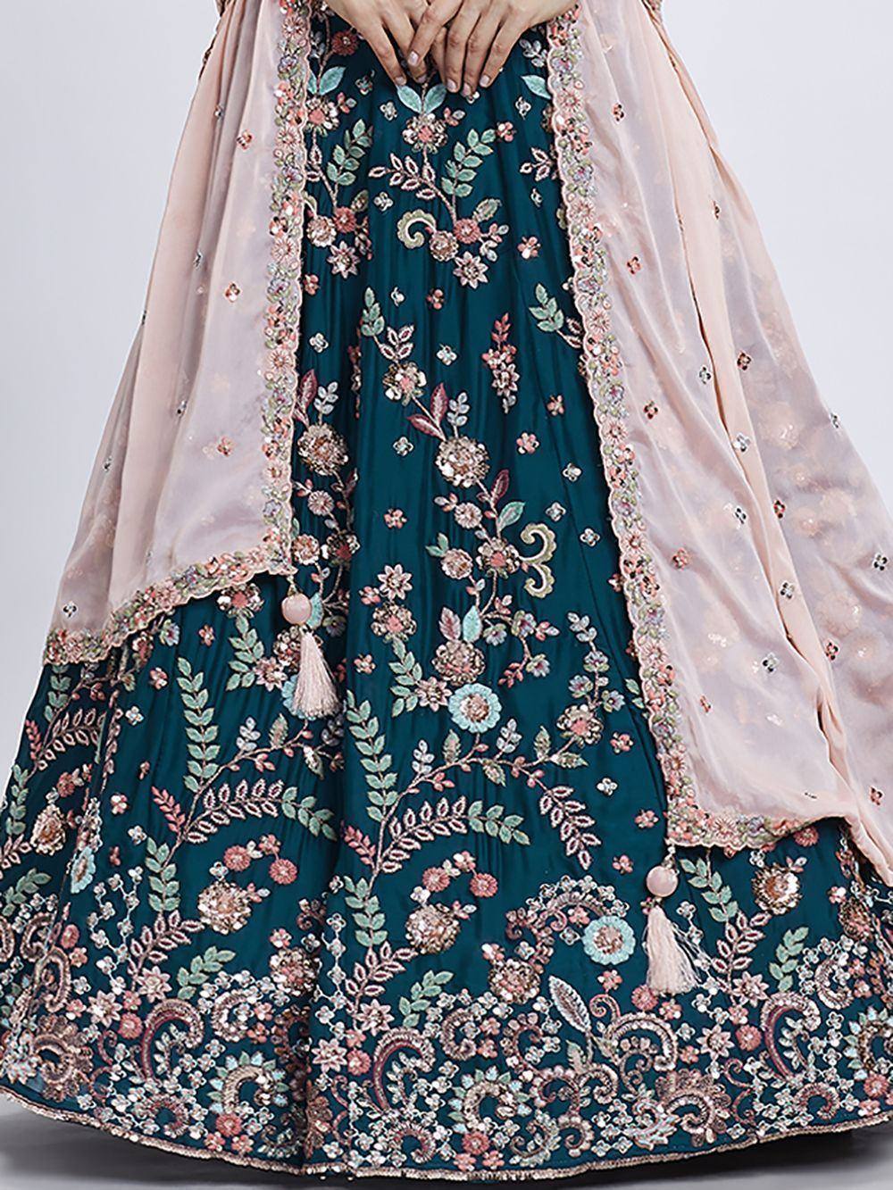 Teal floral embroidered lehenga with pink dupatta, Indian ethnic wear