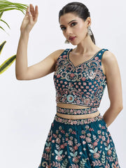 Glamorous Teal Blue Embroidered Georgette Wedding Lehenga Choli - Ethnic Plus In