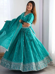 Glamorous Teal Green Threads Embroidery Silk Lehenga Choli With Dupatta - Ethnic Plus In