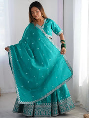 Glamorous Teal Green Threads Embroidery Silk Lehenga Choli With Dupatta - Ethnic Plus In