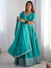 Glamorous Teal Green Threads Embroidery Silk Lehenga Choli With Dupatta - Ethnic Plus In