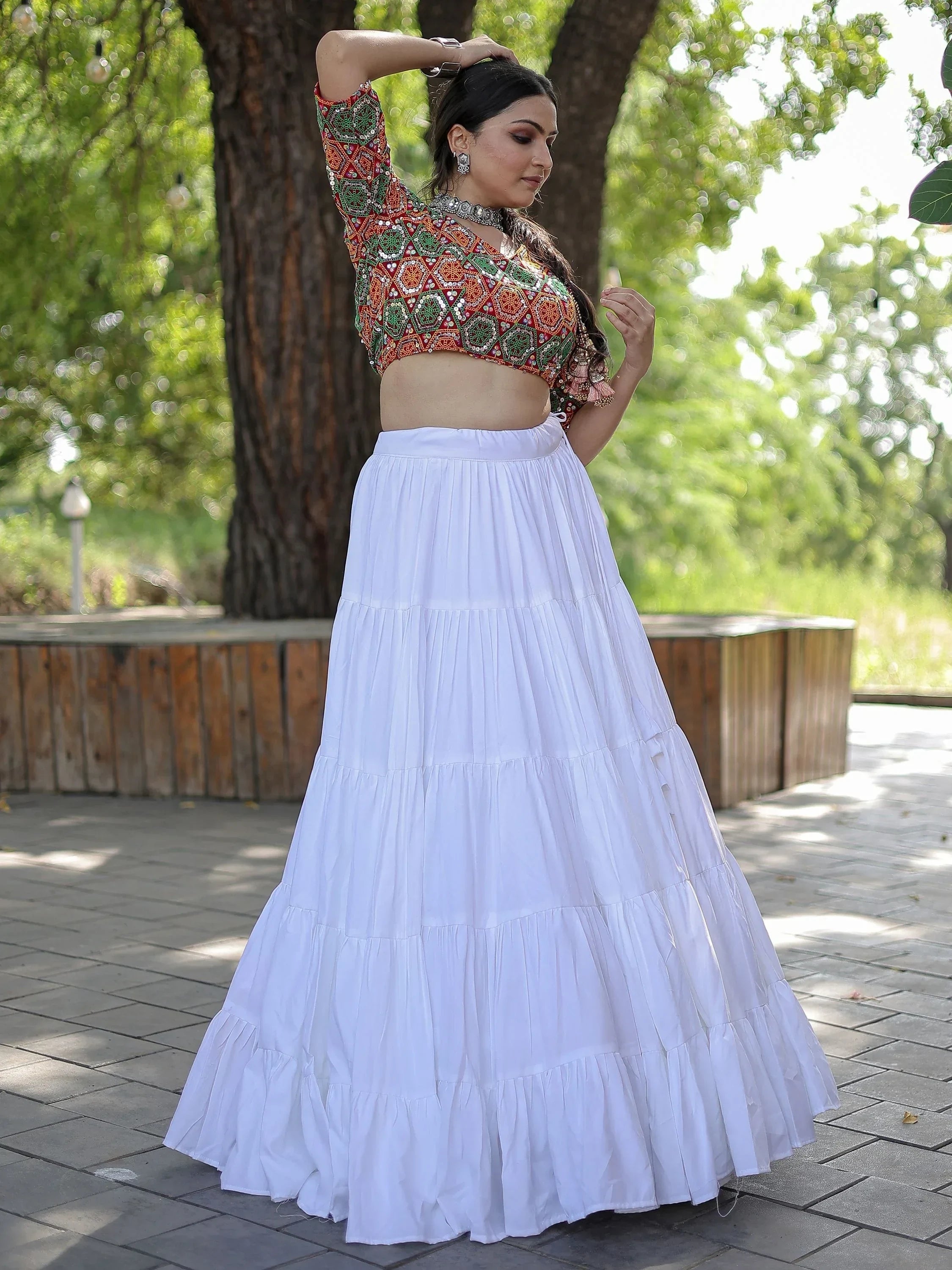 Glamorous White Embroidered Rayon Navratri Lehenga Choli - Ethnic Plus In