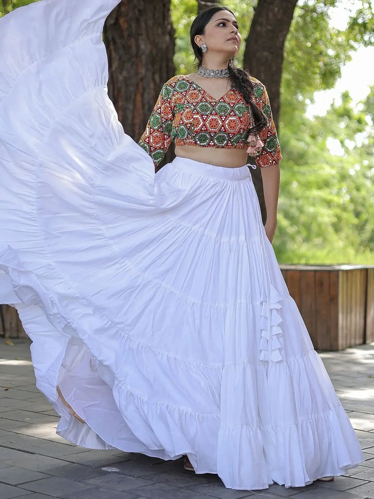 Glamorous White Embroidered Rayon Navratri Lehenga Choli - Ethnic Plus In