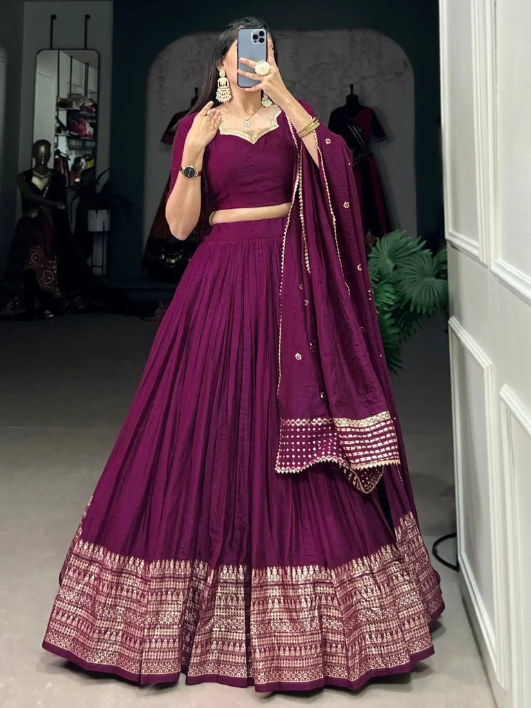 Glamorous Wine Zari Weaving Border Chanderi Silk Lehenga Choli - Ethnic Plus In