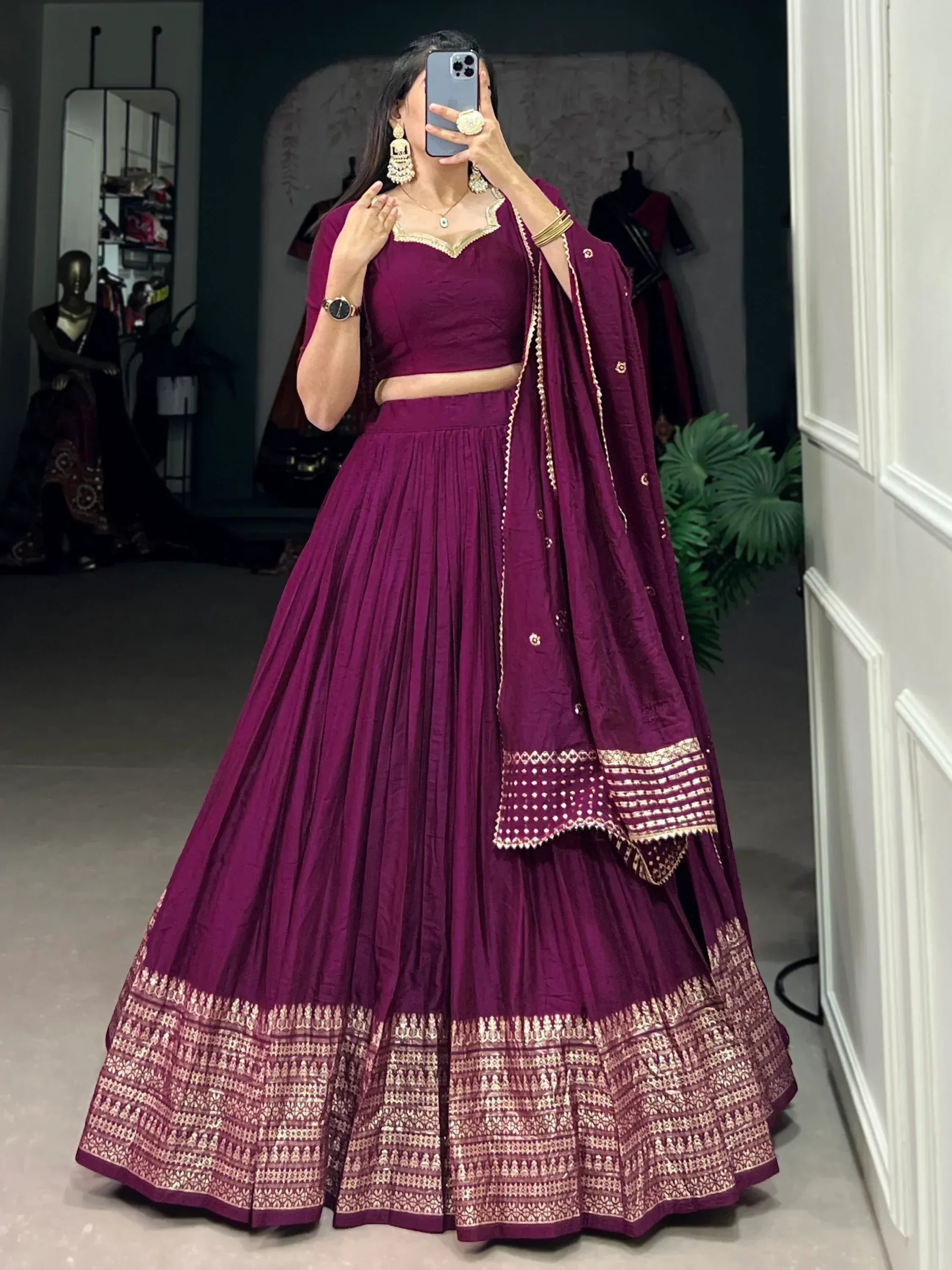 Purple lehenga choli with gold embroidery, perfect for Indian ethnic wear and festive occasions