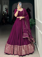 Glamorous Wine Zari Weaving Border Chanderi Silk Lehenga Choli