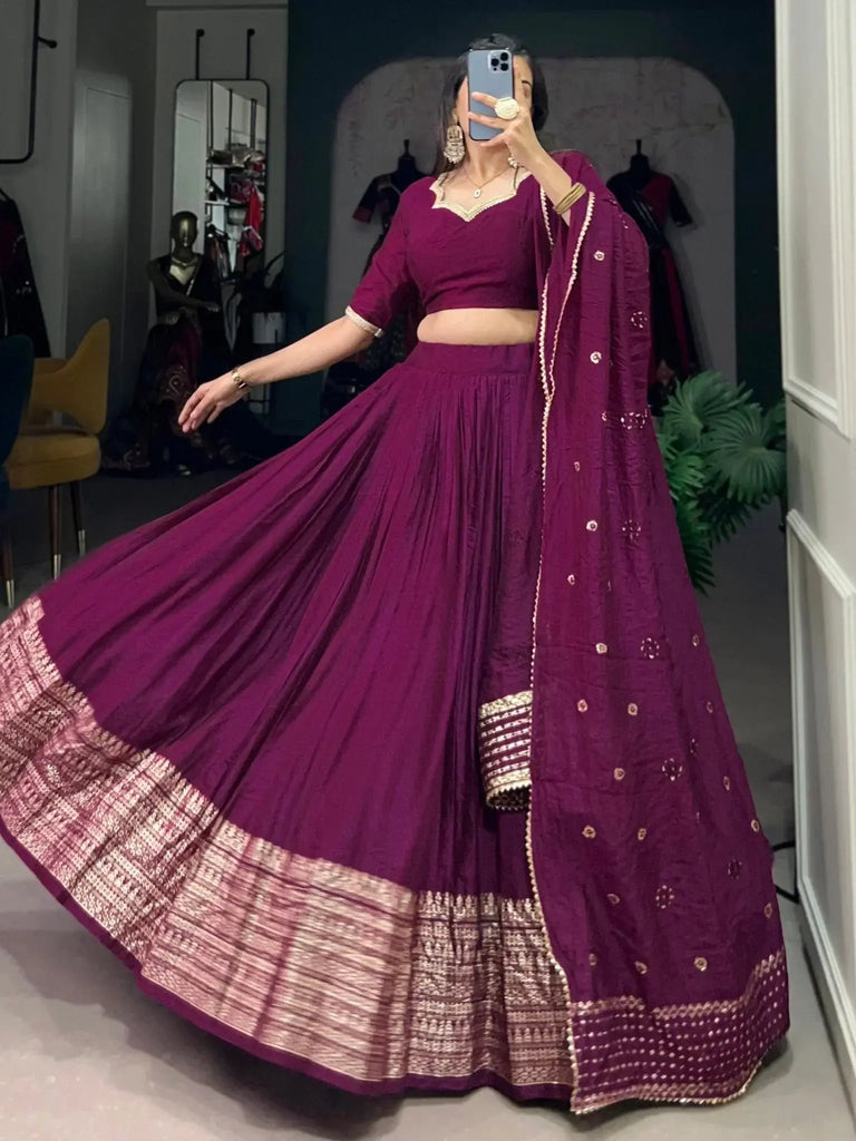 Glamorous Wine Zari Weaving Border Chanderi Silk Lehenga Choli - Ethnic Plus In
