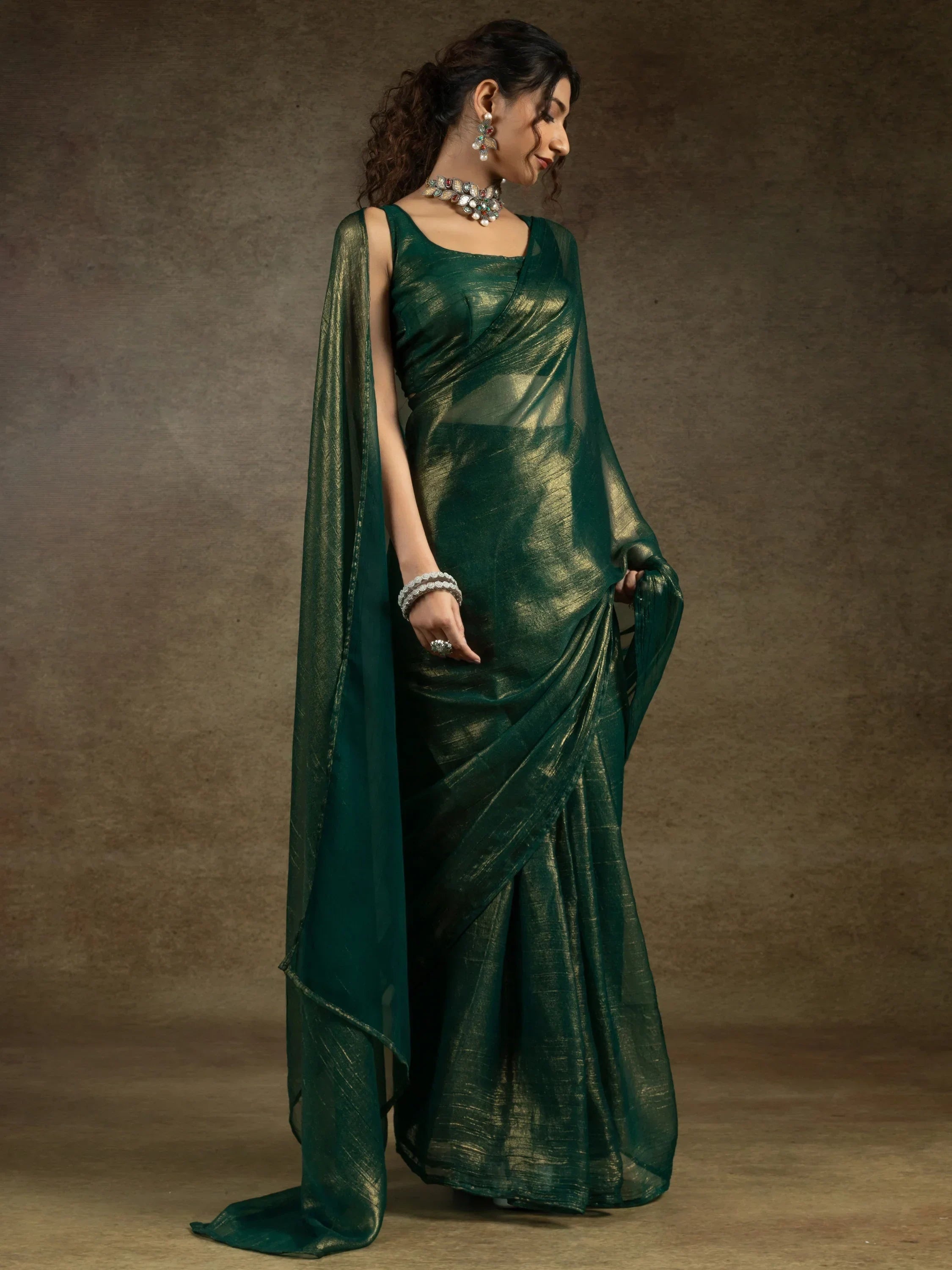 Glamorous Green Chiffon Designer Pre-Stitched Saree With Blouse
