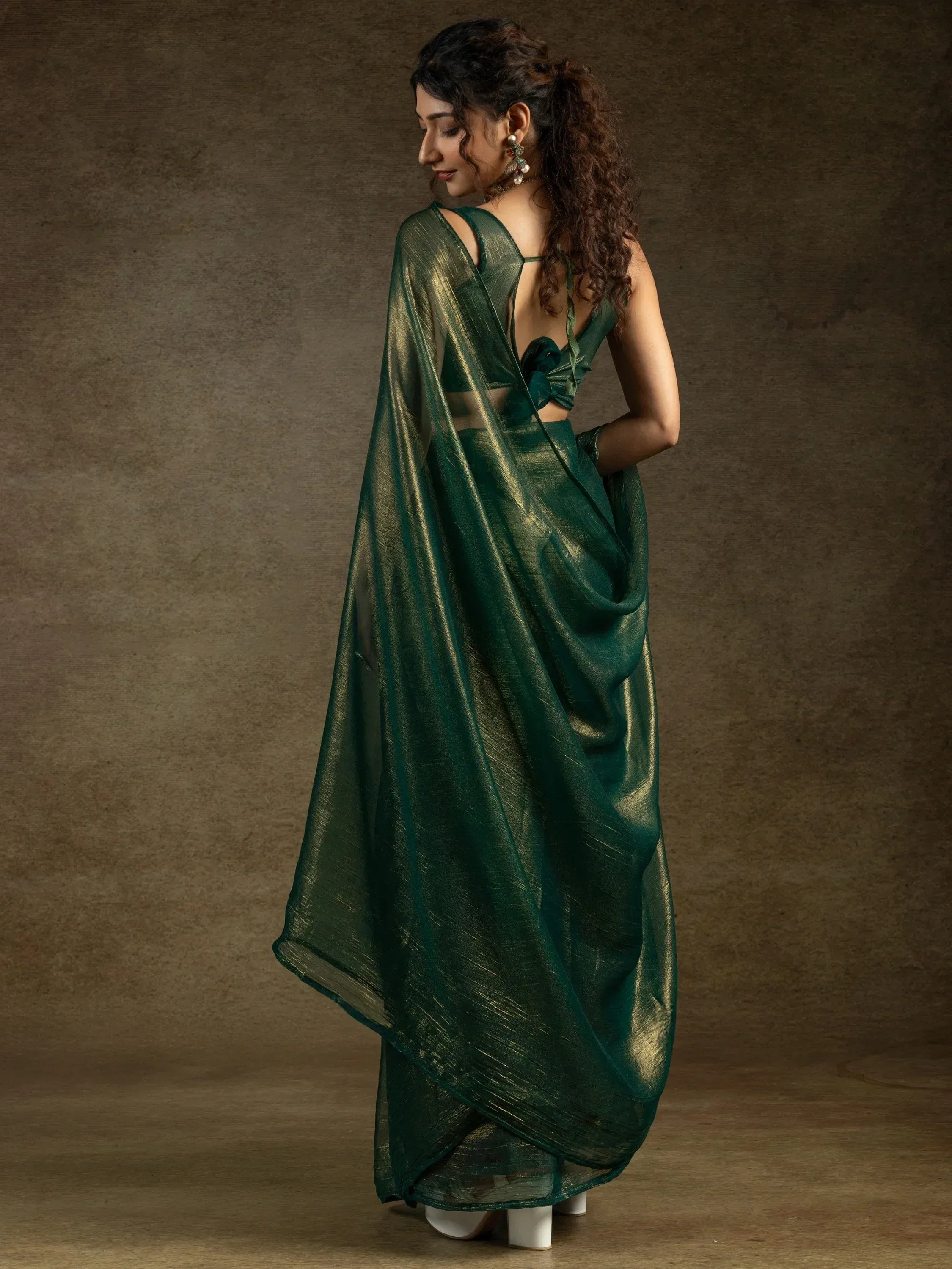 Emerald green shimmer saree with backless blouse, ethnic Indian wear for women