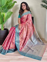 Glamorous Pink Zari Weaving Tissue Silk Traditional Saree With Blouse