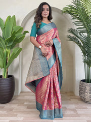 Glamorous Pink Zari Weaving Tissue Silk Traditional Saree With Blouse