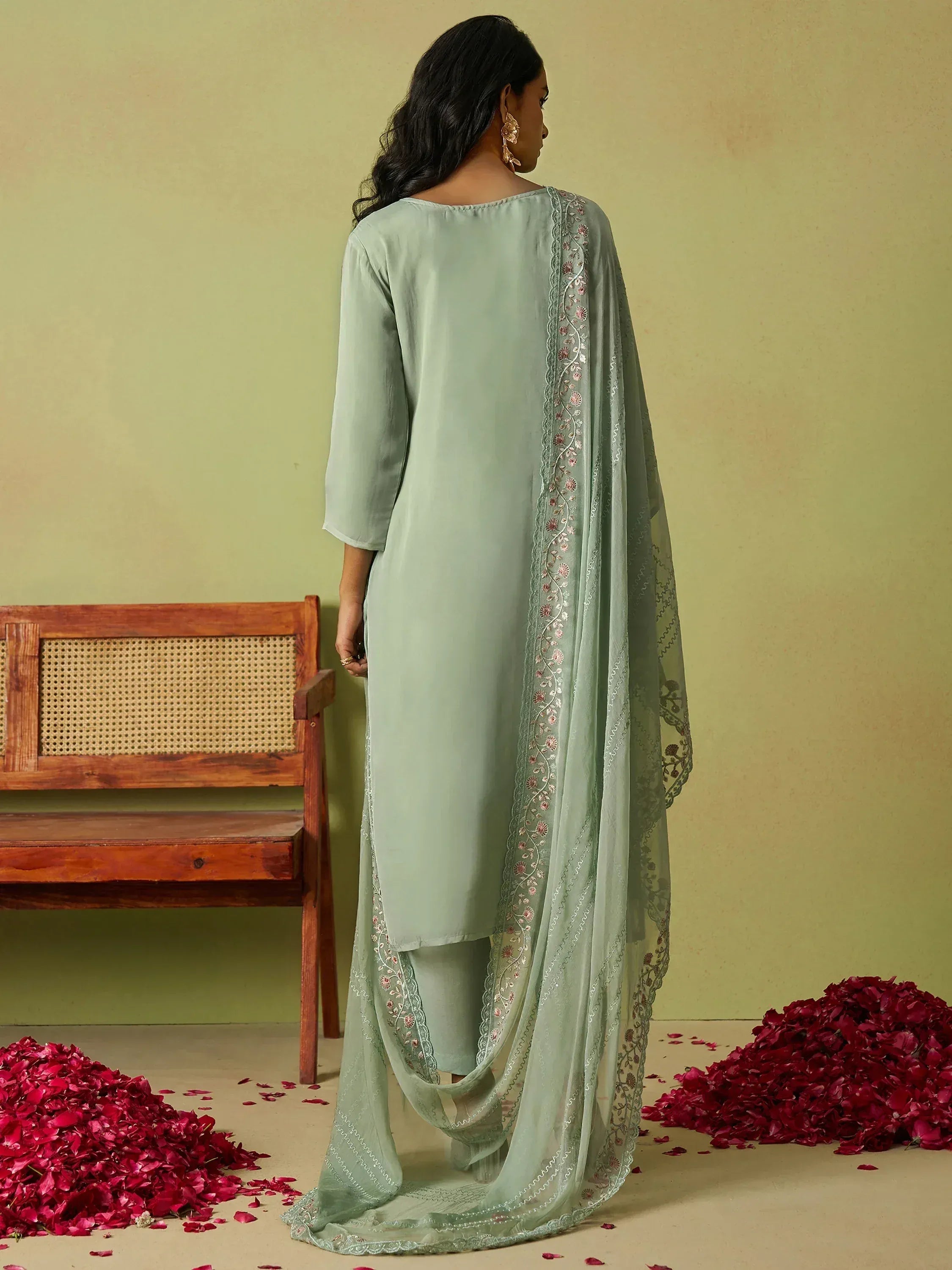 Mint green embroidered salwar kameez with floral dupatta, ideal for Indian ethnic wear occasions