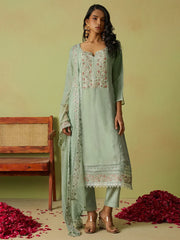 Glamorous Pista Green Khatli Work Organza Eid Special Pant Suit