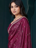 Glamorous Wine Jarkan Work Crepe Reception Wear Saree With Blouse