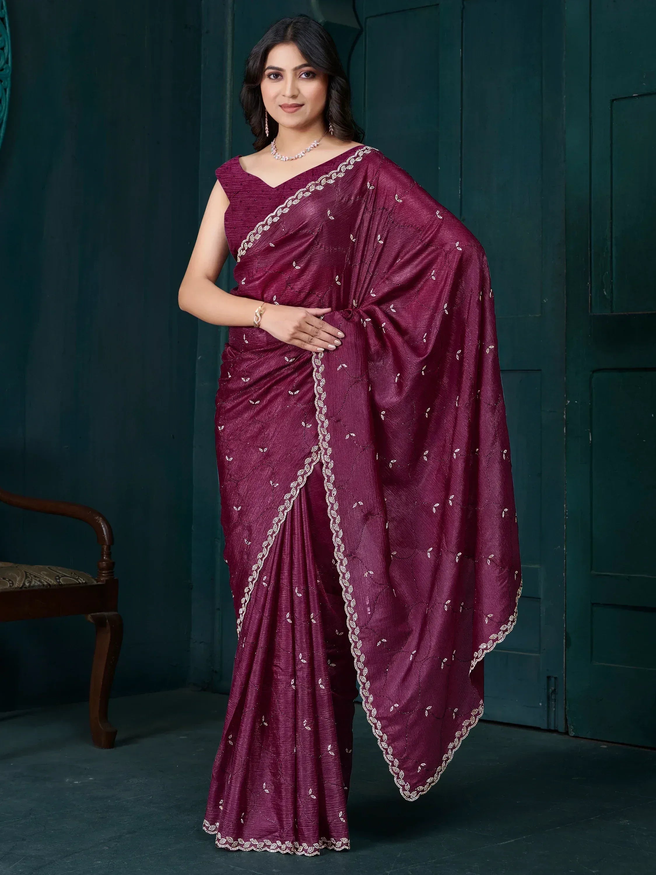 Elegant maroon saree with silver embroidery, perfect for Indian ethnic occasions