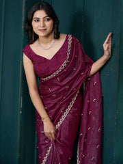Glamorous Wine Jarkan Work Crepe Reception Wear Saree With Blouse