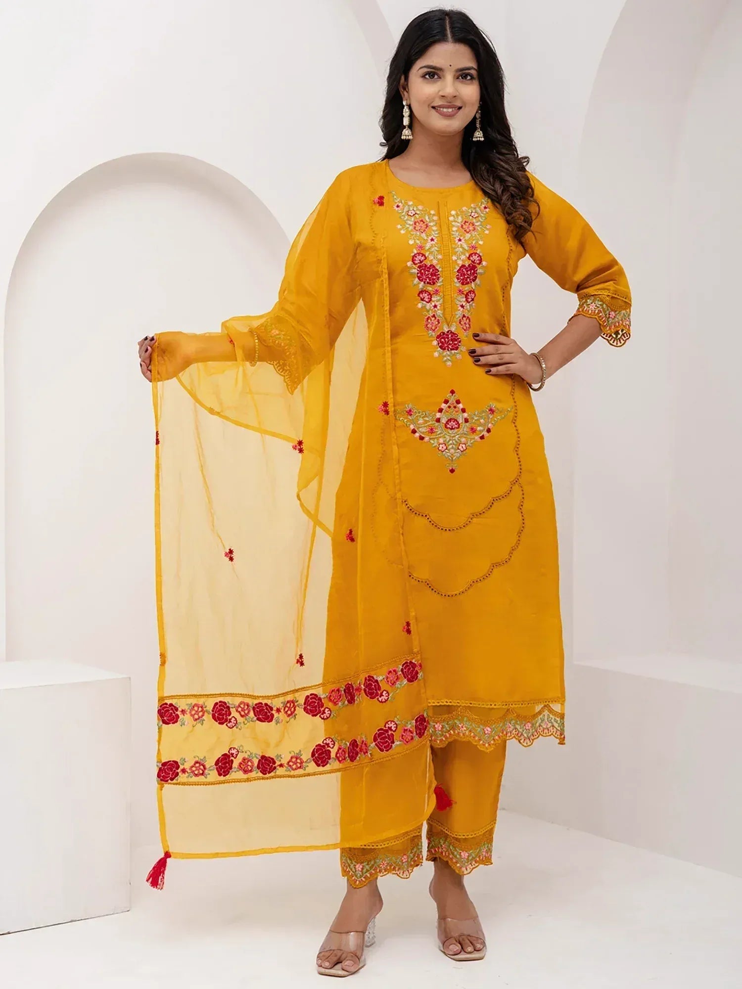 Yellow embroidered salwar kameez with floral design and matching dupatta, Indian ethnic wear