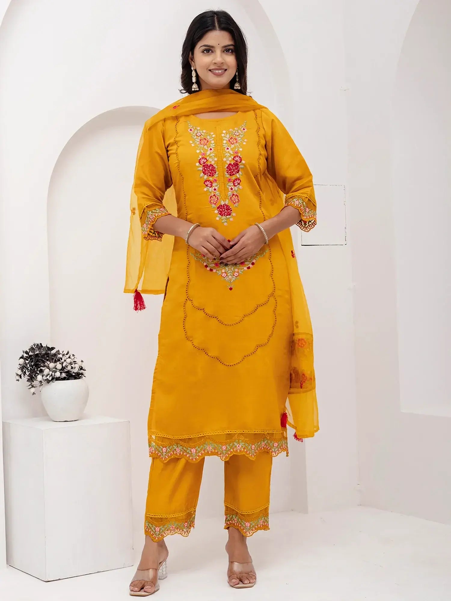 Glamorous Yellow Floral Embroidery Viscose Festival Wear Pant Suit
