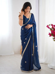 Glamourous Blue Beads Work Party Wear Saree With Blouse - Ethnic Plus In