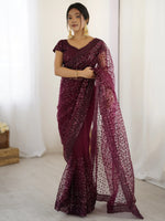 Glamourous Wine Sequins Net Festival Wear Saree With Blouse