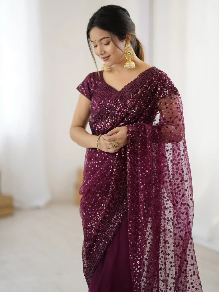 Glamourous Wine Sequins Net Festival Wear Saree With Blouse - Ethnic Plus In