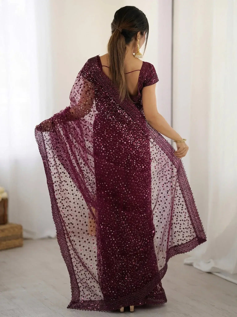 Glamourous Wine Sequins Net Festival Wear Saree With Blouse - Ethnic Plus In