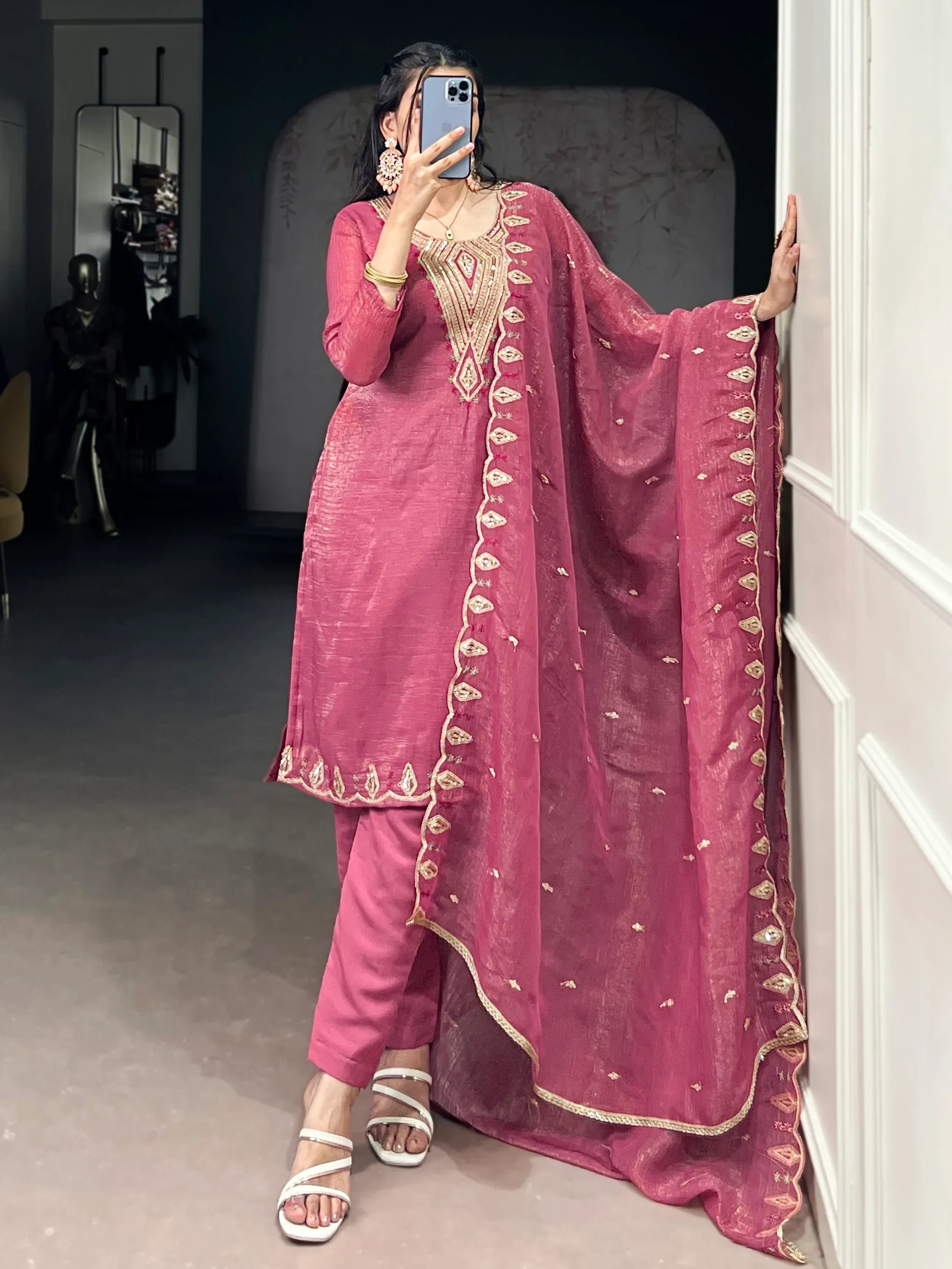 Gleaming Pink Organza Thread Embroidered Festival Wear Straight Suit - Ethnic Plus In
